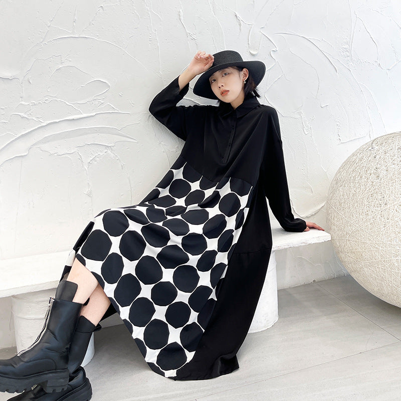 Vintage Dot Print Black Long Sleeves A Line Shirts Dresses-Dresses-Black-One Size-Free Shipping at meselling99