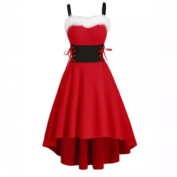 Christmas Party Bunny Outfit - Faux Fur Trim Off-Shoulder Bow Dress