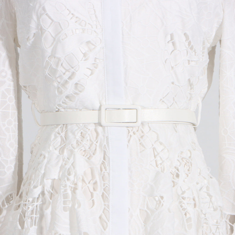Vintage Collar Long Lantern Sleeve Mid-Length Embroidery Lace Solid Color Dress