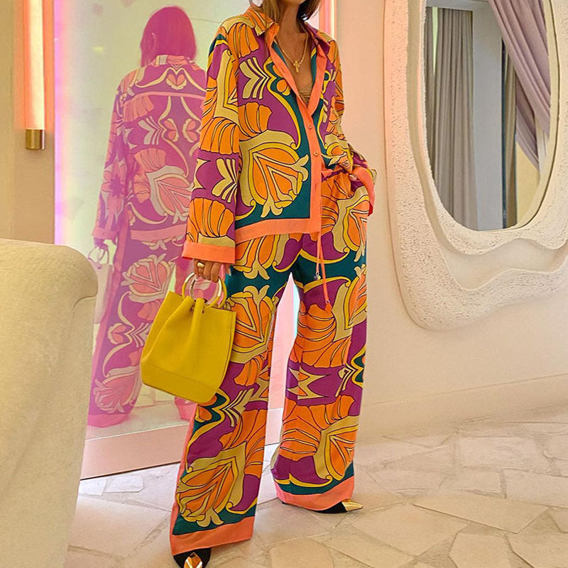 Printed Stand Collar Batwing Sleeve Loose Top with High-Waisted Wide-Leg Pant