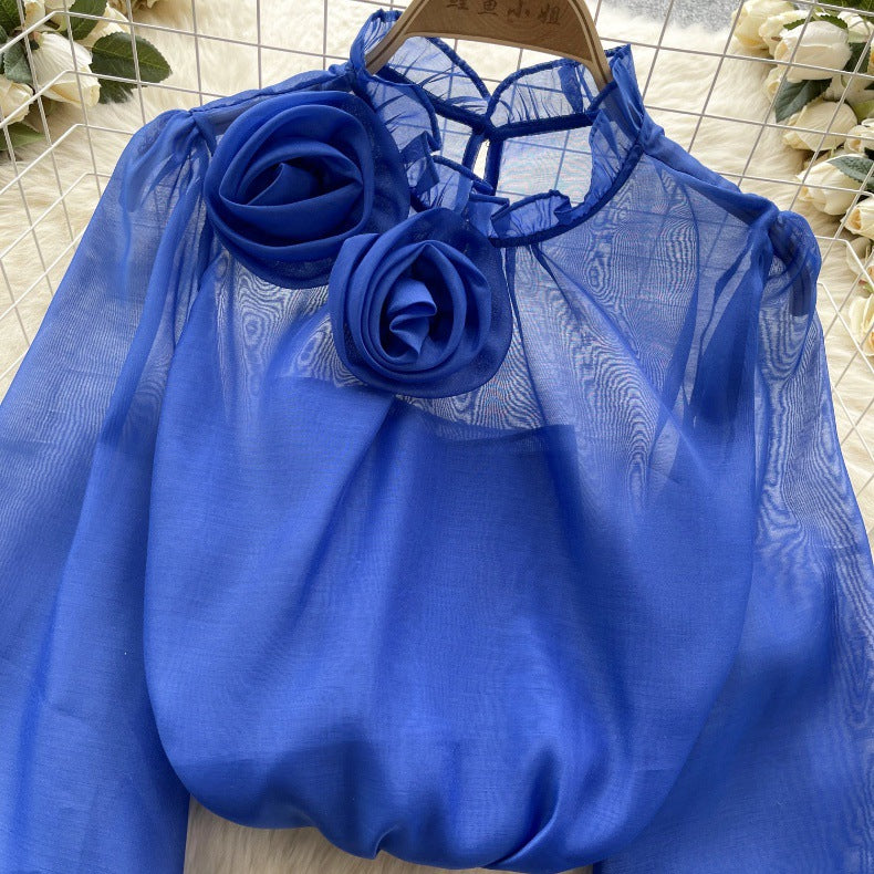 Designed 3D Flowers Chiffon Long Sleeves Shirts