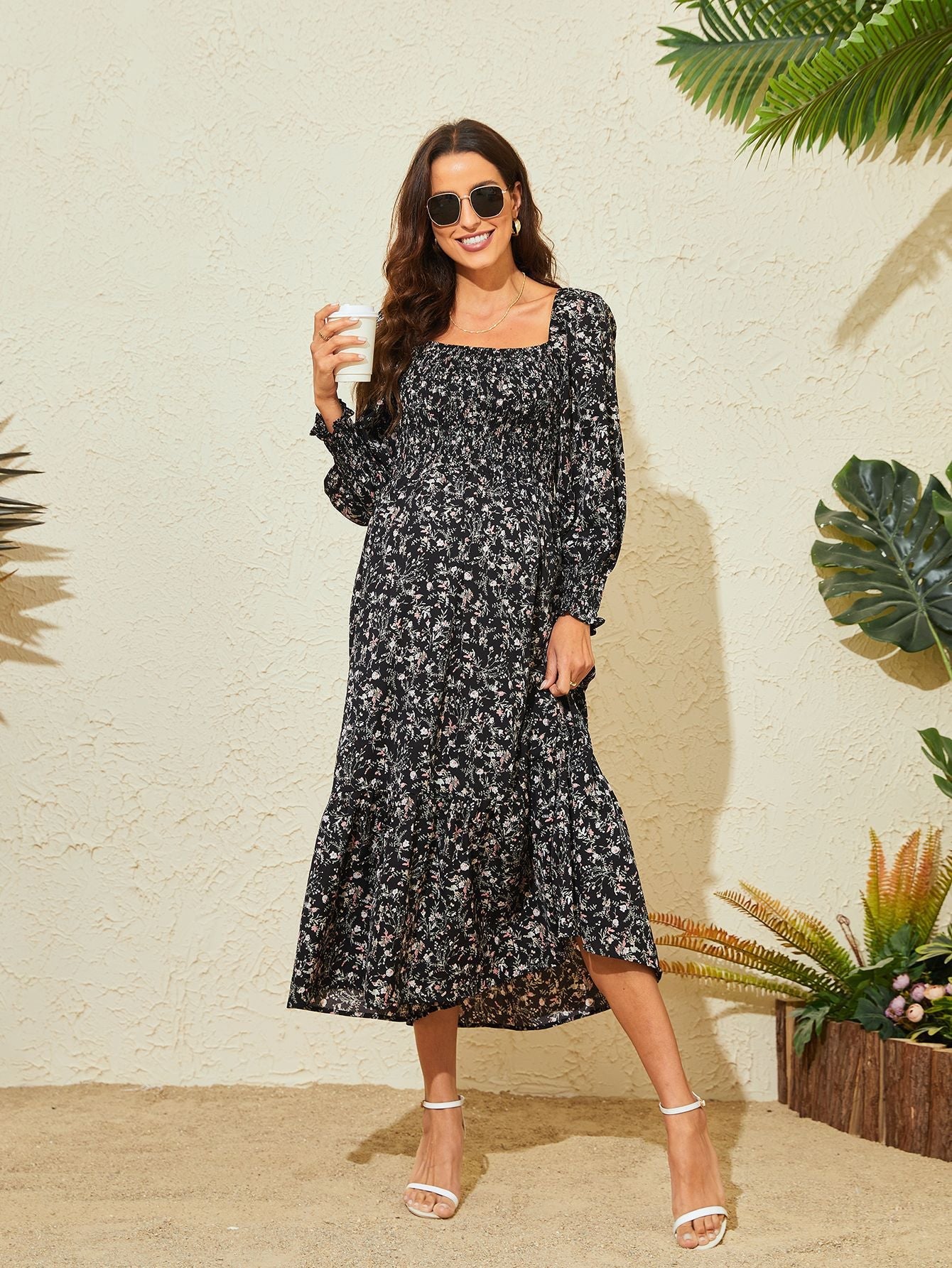 Women's Floral Print Square Neck Chiffon Dress