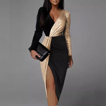 High Waist Solid Color Elegant Office Long Sleeves Midi Dress