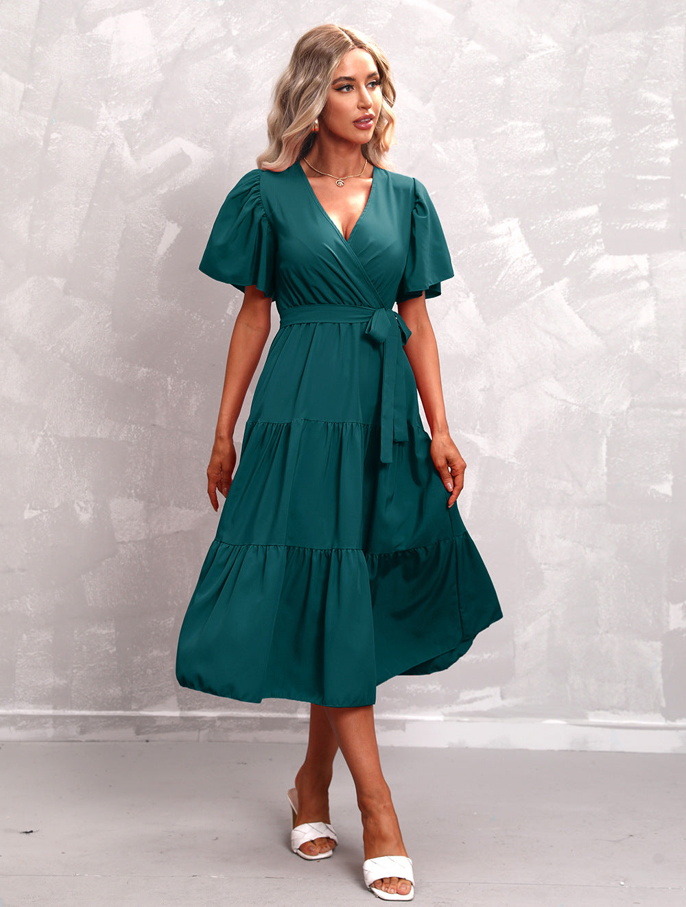 Women's Summer Solid Color V-Neck Short Sleeve Dress