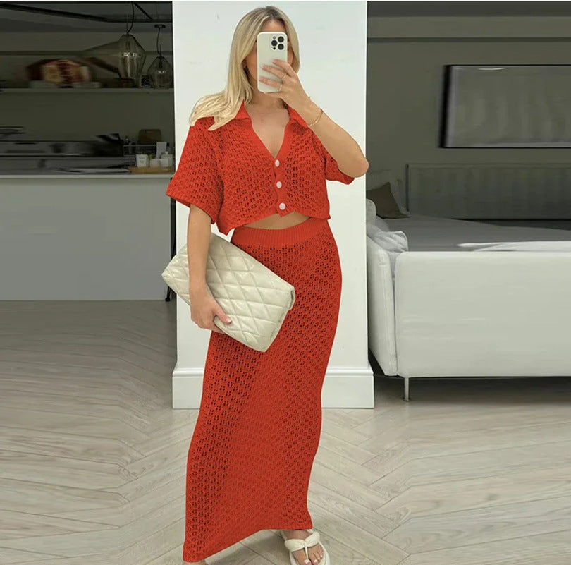 Women's Knit Crochet Lace-Up Cardigan & Skirt Set