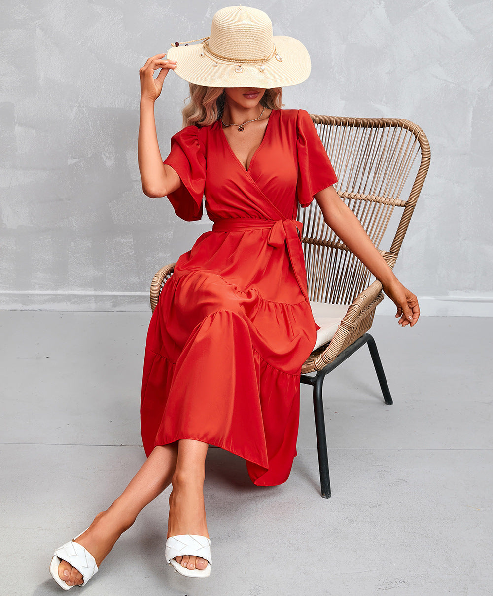 Women's Summer Solid Color V-Neck Short Sleeve Dress