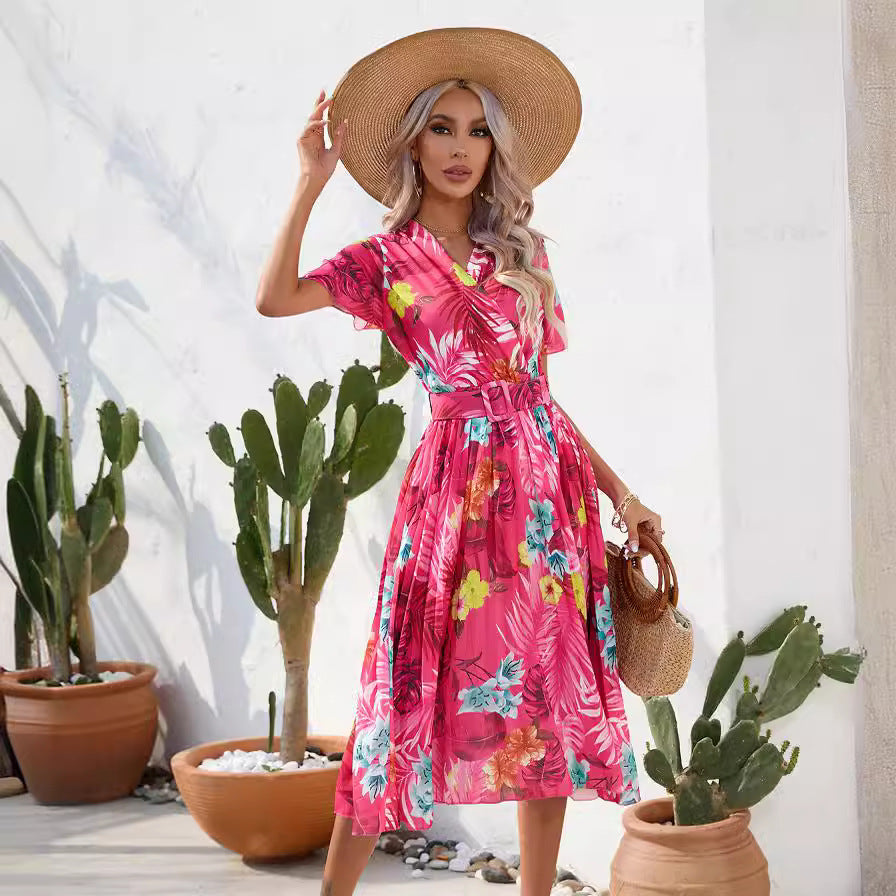 Summer Floral Print Crinkle Midi Short Sleeve Dress
