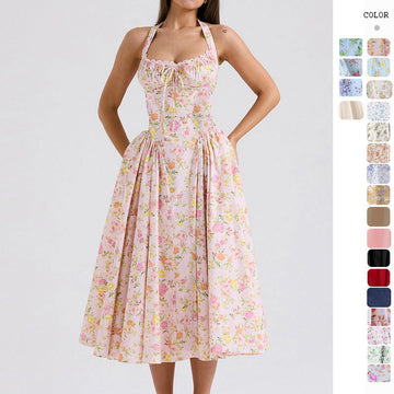 Women's Summer Floral Print Bodycon Halter Neck Maxi Dress