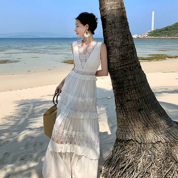 White Lace Cutout Dress - Boho Summer Sundress for Vacations