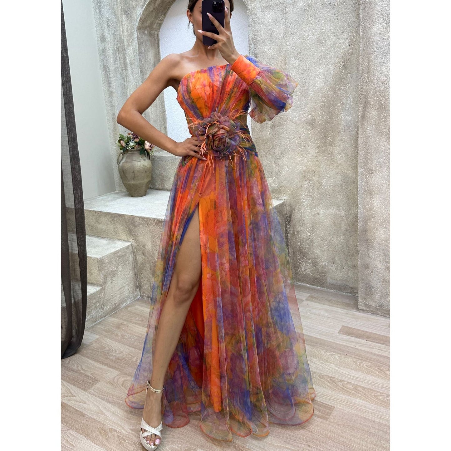 Women's Mesh one-Shoulder Long Dress