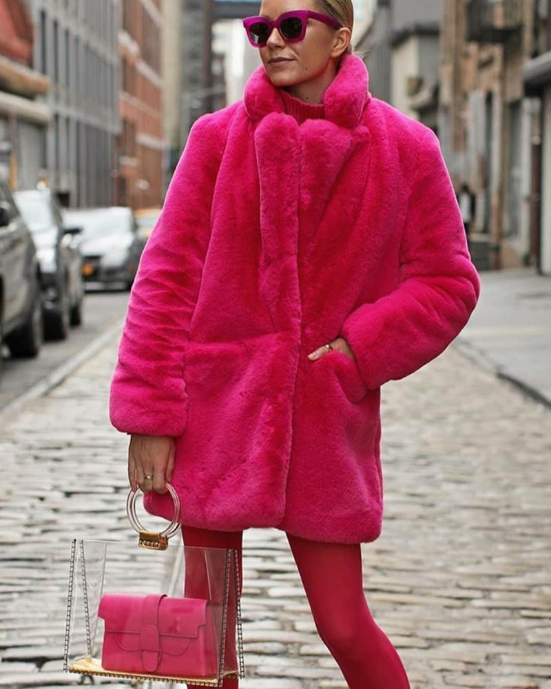 Luxury Faux Fur Coat – Winter Warm Thick Plush Oversized Jacket with Lapel Collar