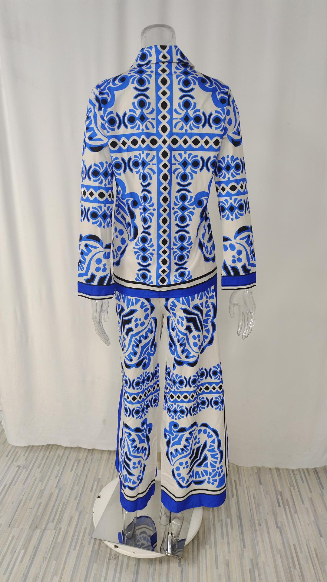 Printed Stand Collar Batwing Sleeve Loose Top with High-Waisted Wide-Leg Pant