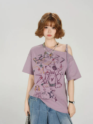 Girlyhaloy Vintage Off-Shoulder T-Shirt