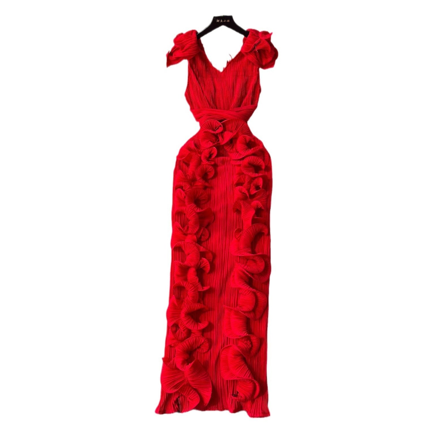 High-End Pleated Dress – Luxury Women's Designer Ruffle Hem Slim Fit Long Maxi Dress
