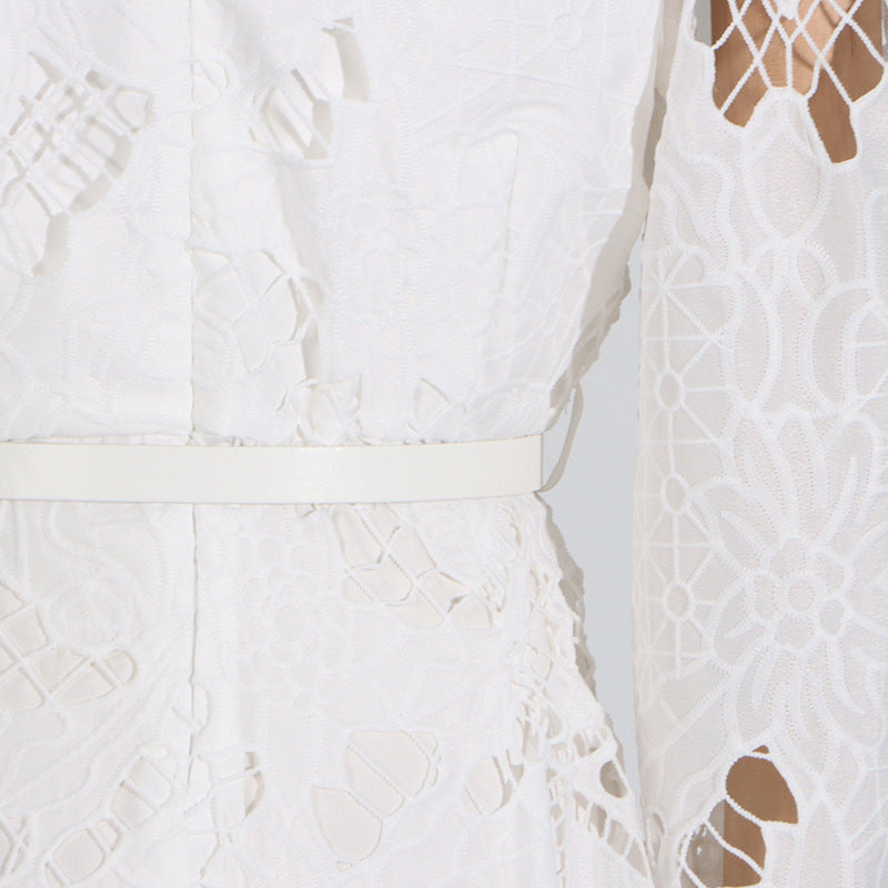 Vintage Collar Long Lantern Sleeve Mid-Length Embroidery Lace Solid Color Dress