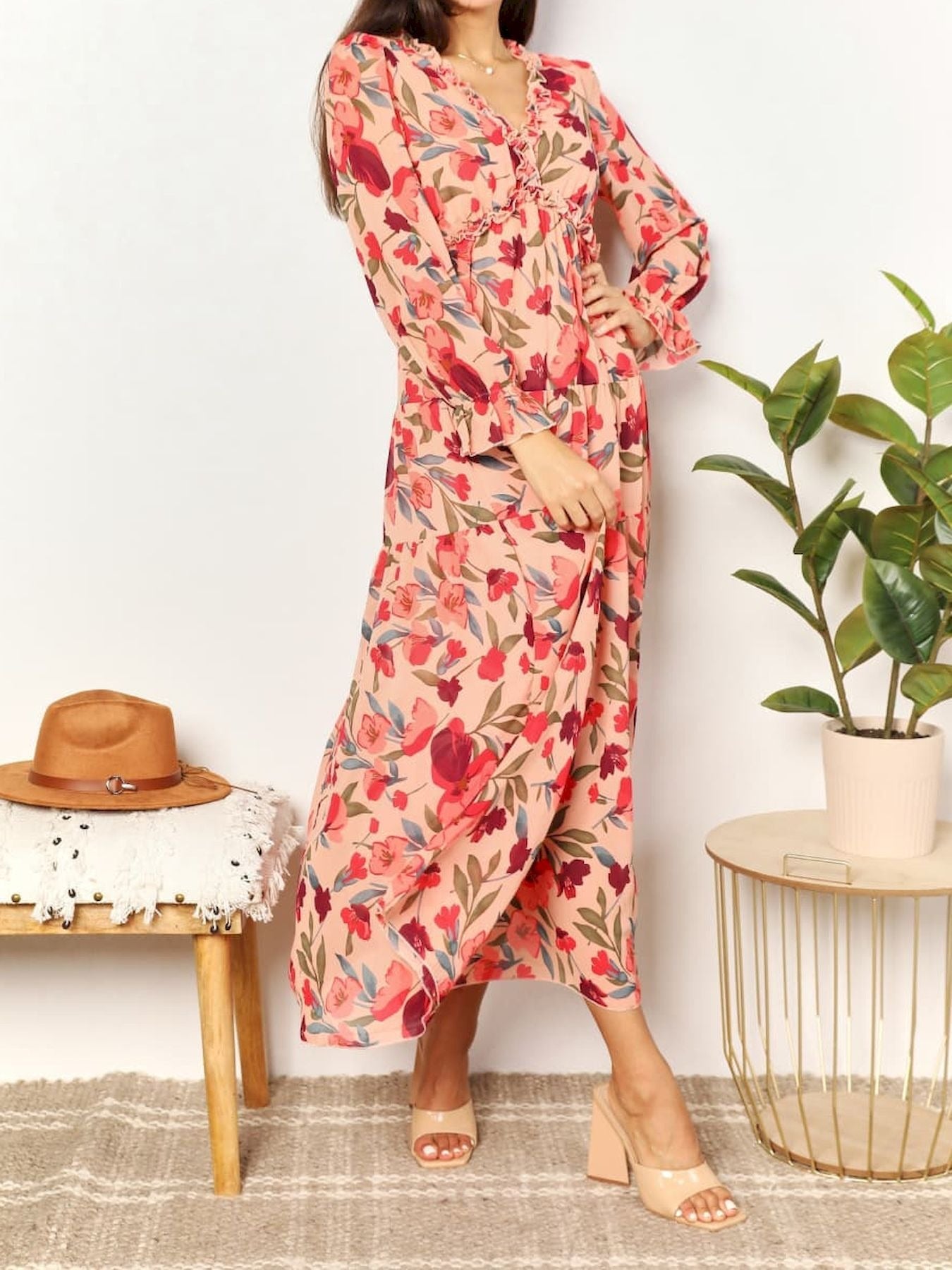 Elegant Long Sleeve Printed Maxi Evening Dress
