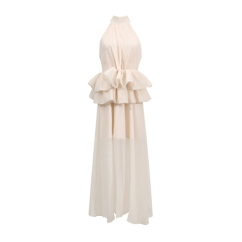 Elegant High-Neck Sleeveless Summer Dress with Waist Ruffle Detail