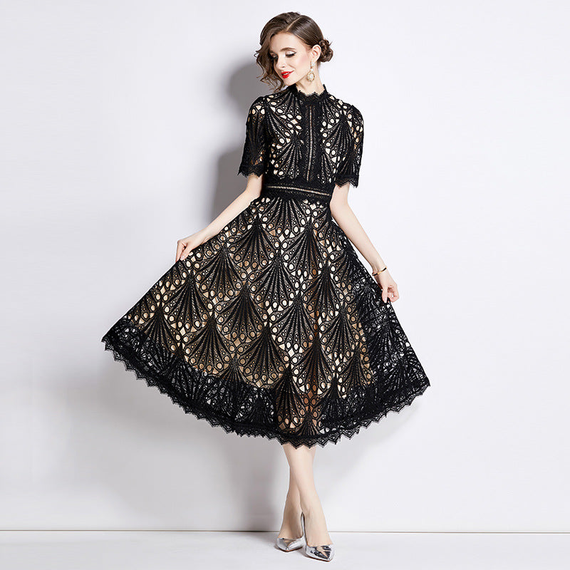 Elegant Round Neck Summer Midi Length Lace Dresses