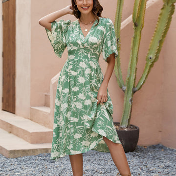 Women's Summer V-Neck Floral Print Rayon Dress