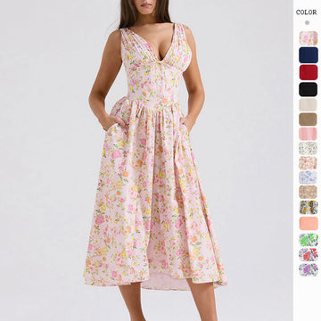 Elegant V-Neck Print Maxi Dress