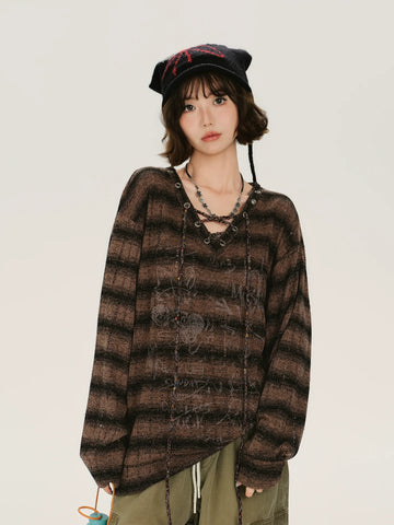 Girlyhalo Retro Print V-Neck Striped Long Sleeve T-Shirt