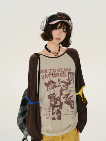 Girlyhalo Retro Print Color-Block Long Sleeve T-Shirt