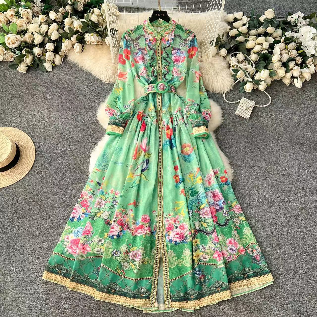 Elegant Floral Designed Trumpet Sleeves Long Dresses