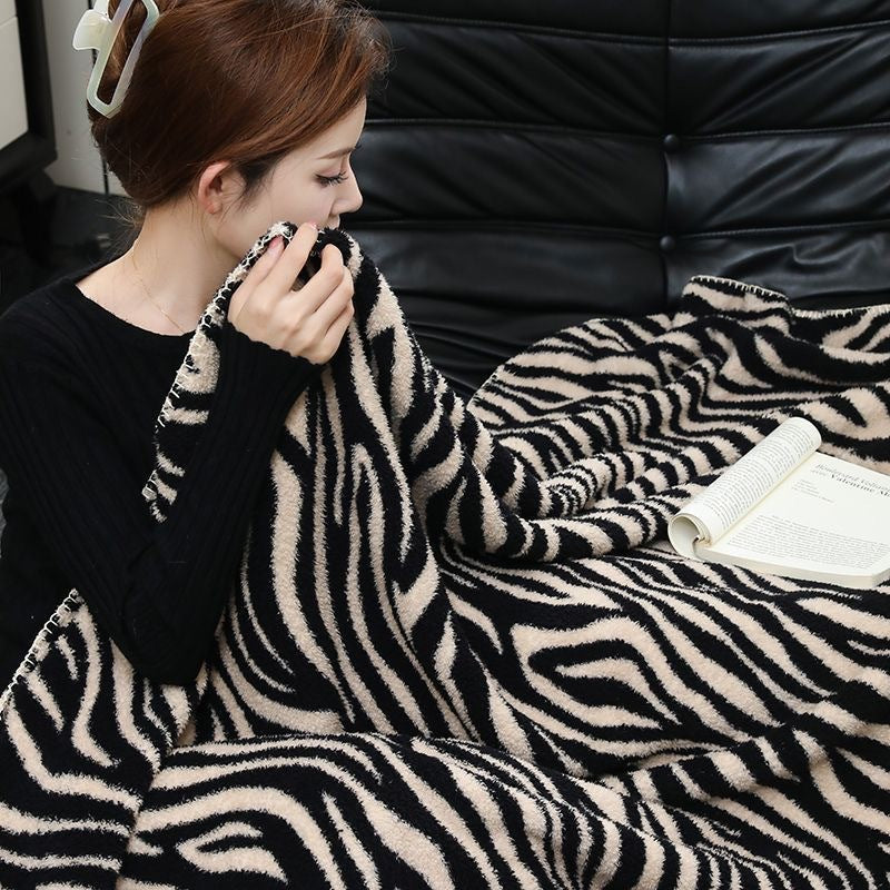 Zebra Print Sofa Knit Blanket – Reversible Flannel Throw for Office, Nap, Travel & Home