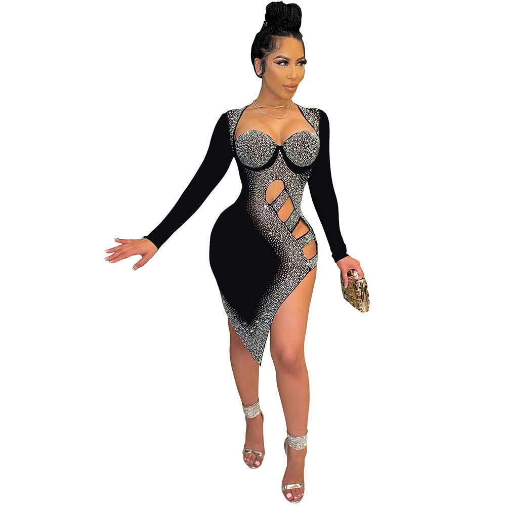 Sexy Long Sleeves Diamond Night Club Dresses-Sexy Dresses-Black-S-Free Shipping at meselling99