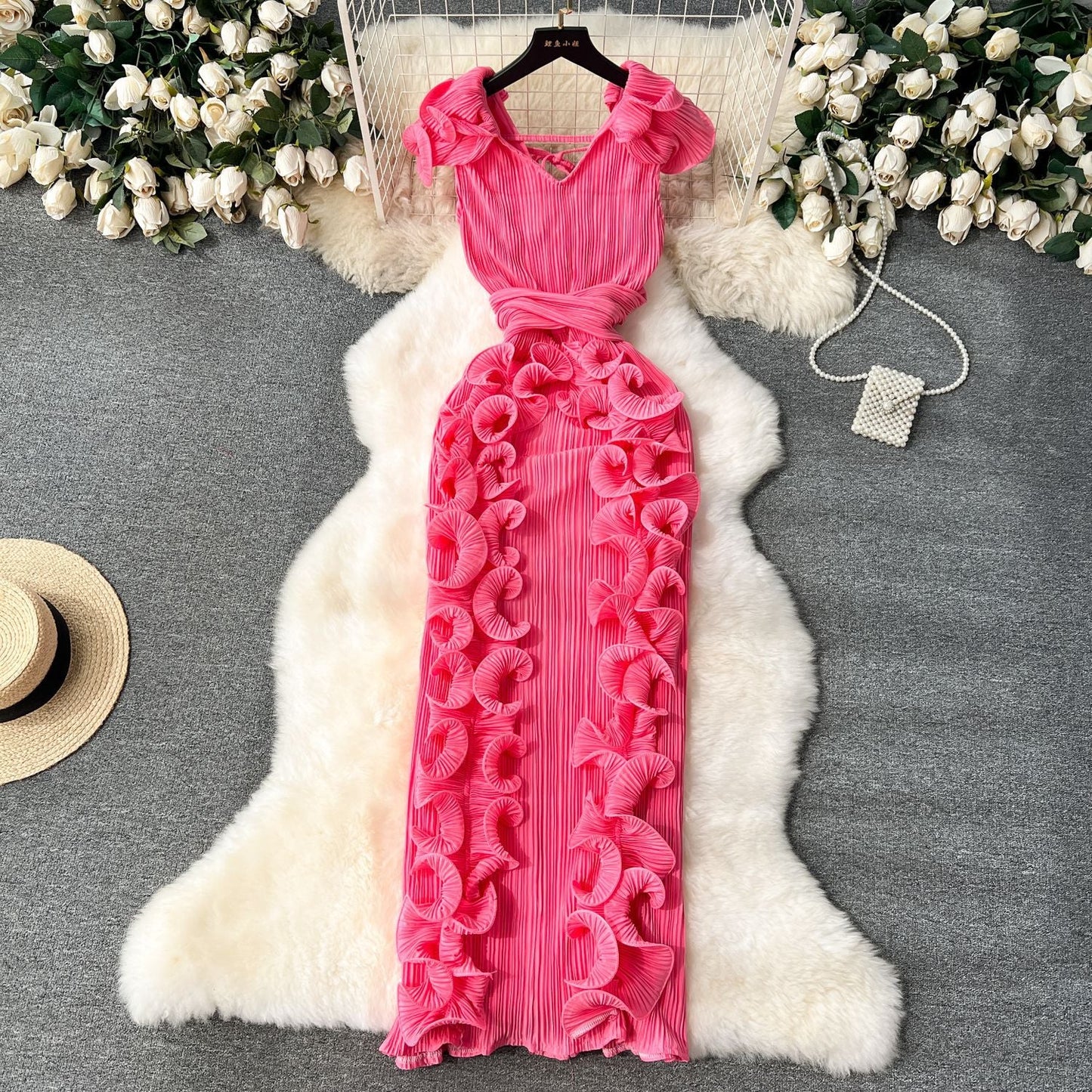 High-End Pleated Dress – Luxury Women's Designer Ruffle Hem Slim Fit Long Maxi Dress