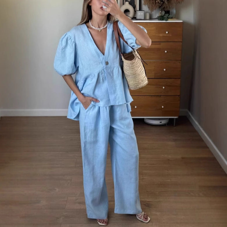 Sweet Solid Color Cotton Set - V-Neck Top & Bubble Sleeve Shorts 2-Piece Outfit
