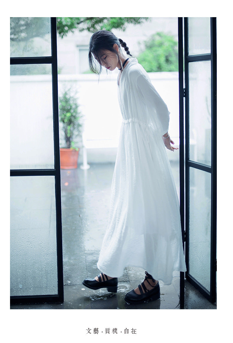 Casual Linen Half Sleeves Drawstring Long Cozy Dresses-Dresses-Free Shipping at meselling99