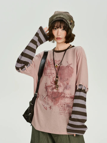 Girlyhalo Retro Vintage Two-Tier Layered Long Sleeve T-Shirt for Women