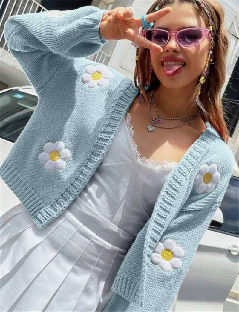 Sweety Floral Print Knitted Cardigan Sweaters