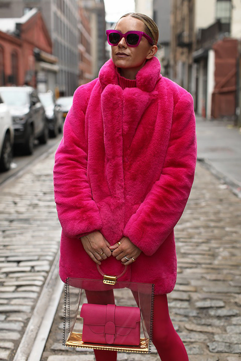 Luxury Faux Fur Coat – Winter Warm Thick Plush Oversized Jacket with Lapel Collar