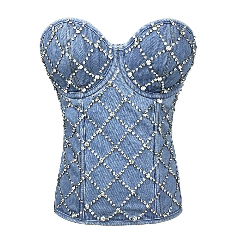 Vintage Diamond Studded Denim Corset Top