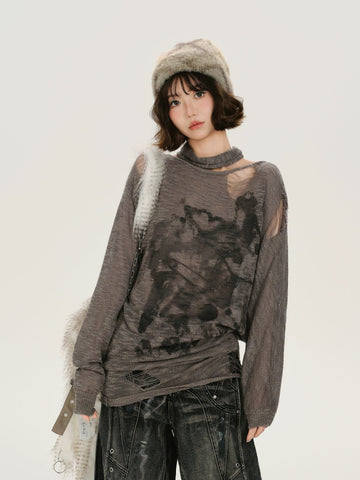 Girlyhalo Retro Baddie Print Distressed Long Sleeve Sweater