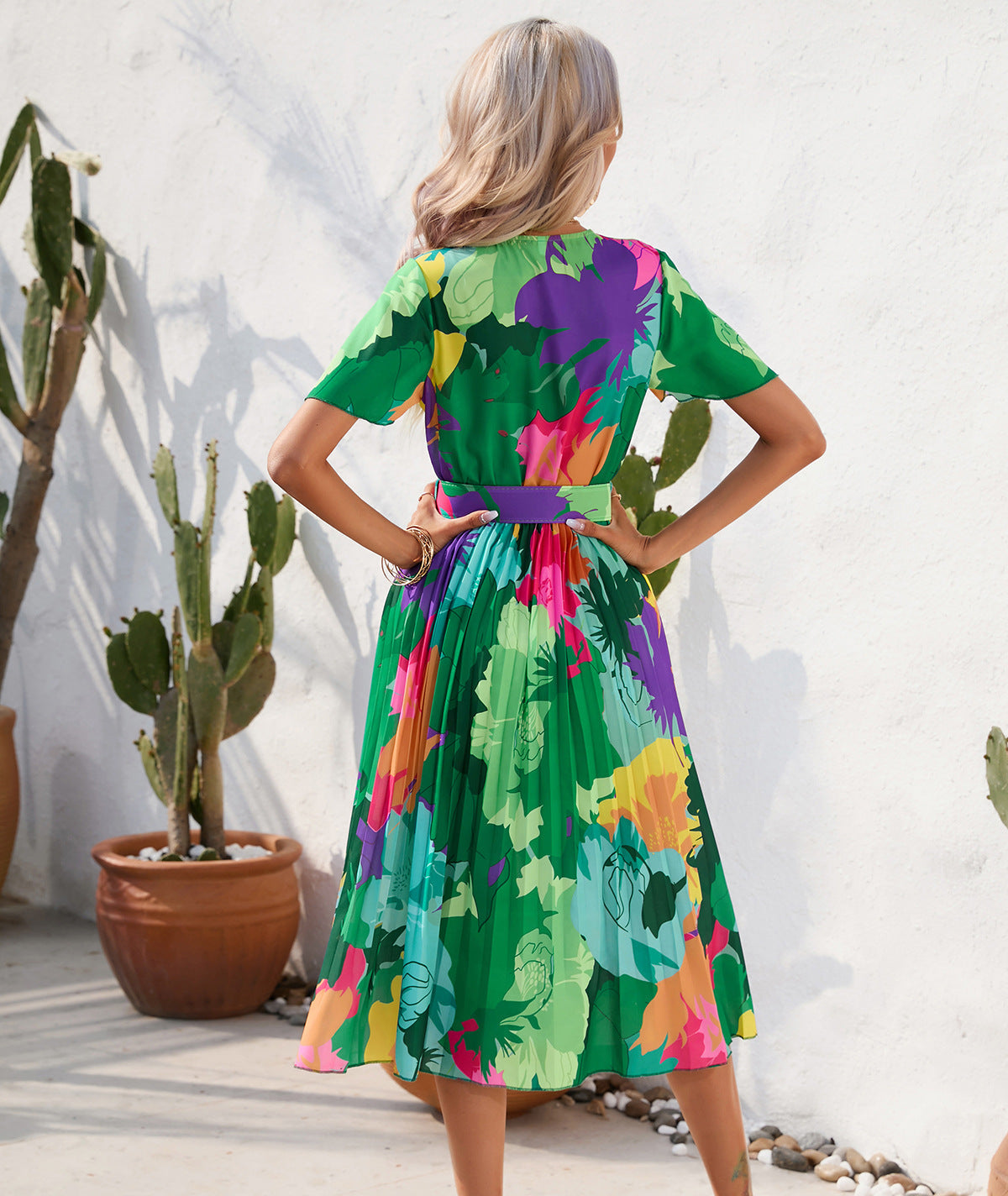Summer Floral Print Crinkle Midi Short Sleeve Dress