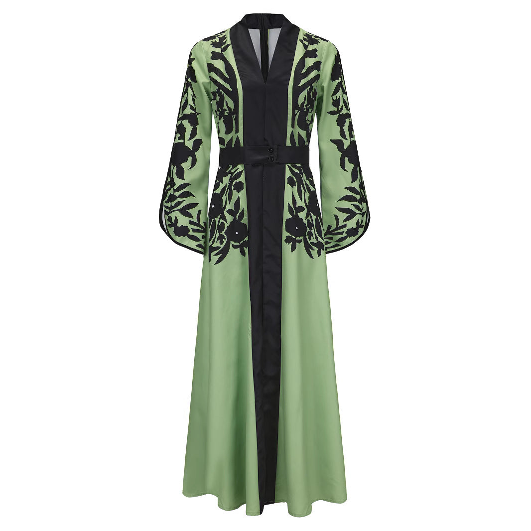 Floral Print Wrap Waist A-Line Flared Sleeve V-Neck Maxi Dress