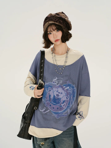 Girlyhalo Retro Print Long-Sleeve Pullover Sweatshirt for Women