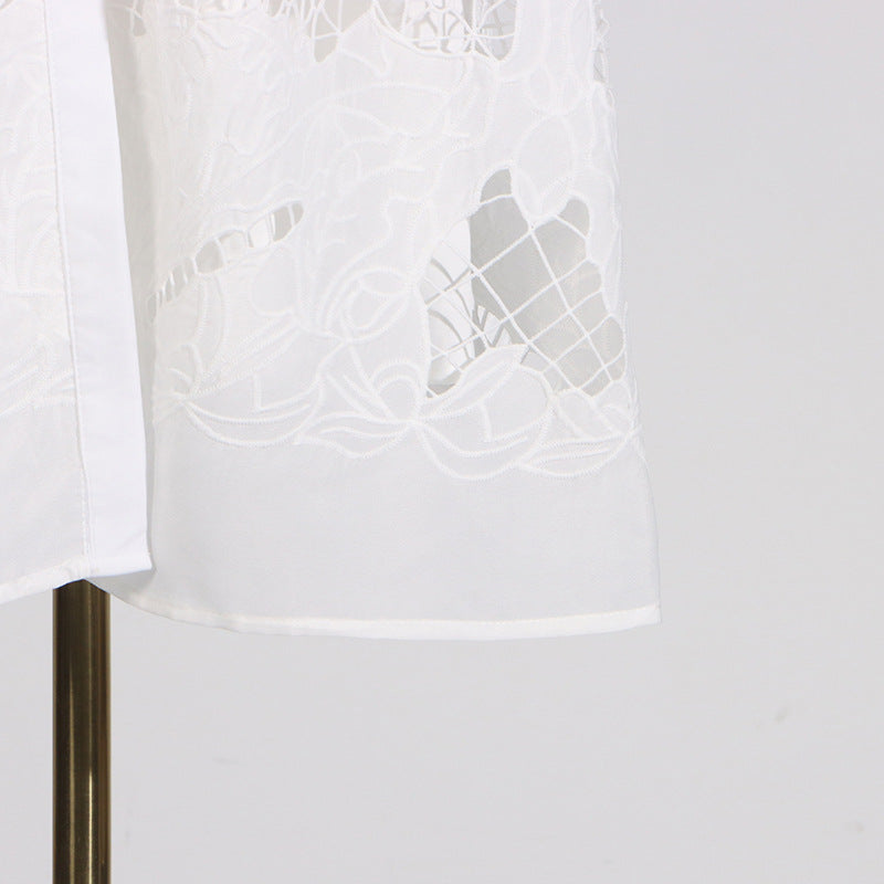 Vintage Collar Long Lantern Sleeve Mid-Length Embroidery Lace Solid Color Dress