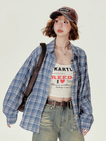 Girlyhalo Women's Blue Plaid Shirt - Oversized Fall Shacket for a Youthful Look
