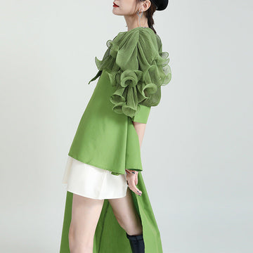 Summer Asymmetrical Bubble Sleeve Shirt Dress with Peplum Waist & Patchwork Design