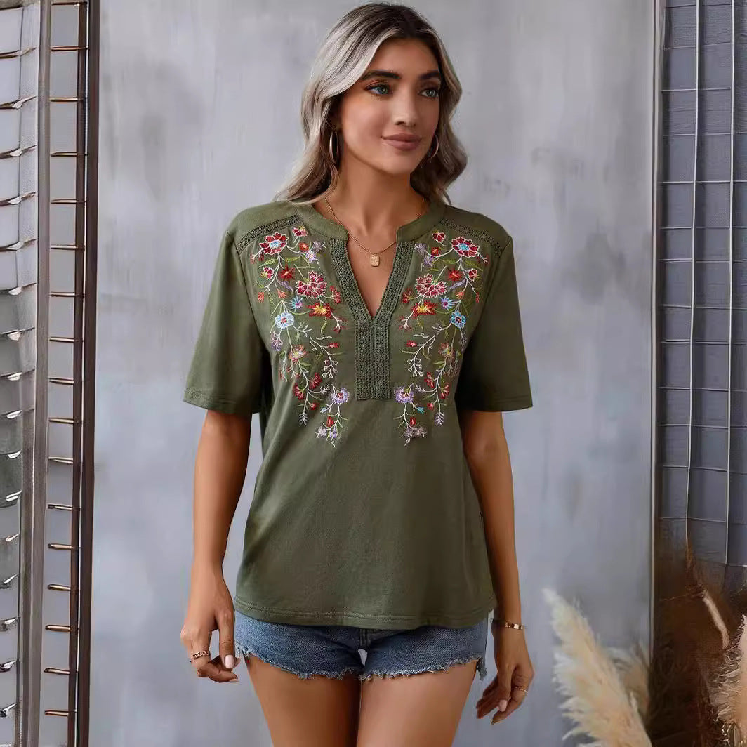 Summer Fashion Embroidered Lace Trim Top – Elegant Floral Detailing