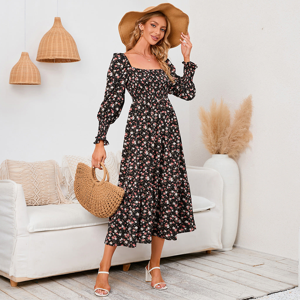 Women's Floral Print Square Neck Chiffon Dress