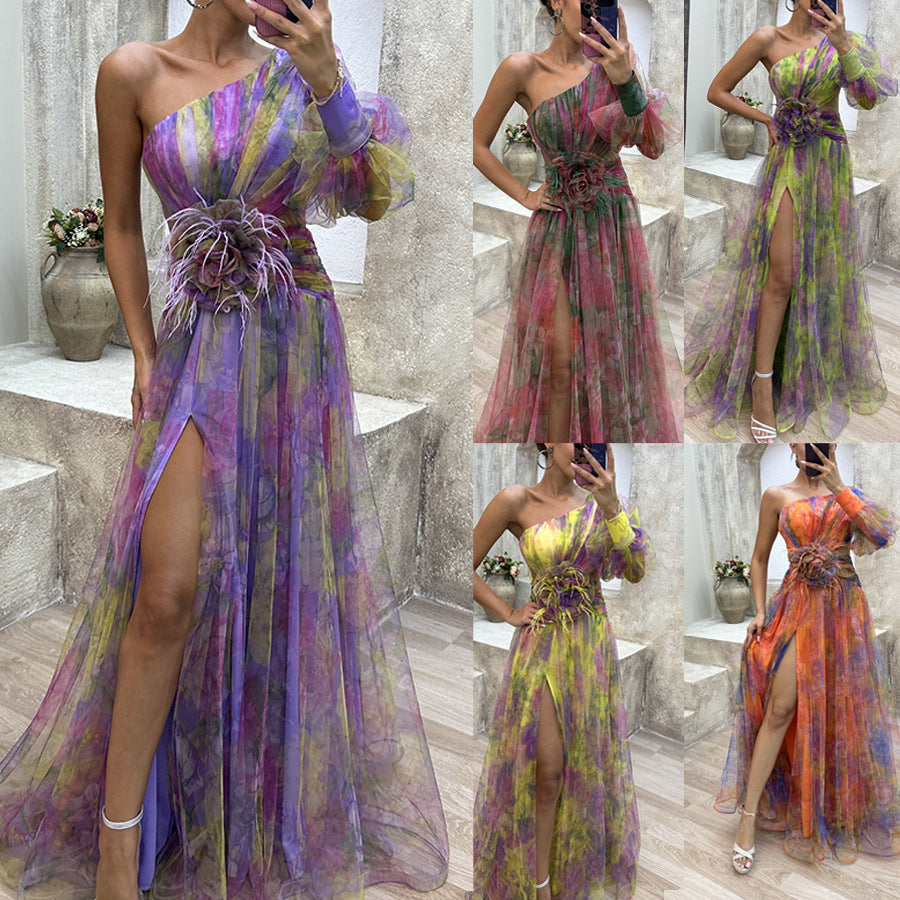 Women's Mesh one-Shoulder Long Dress