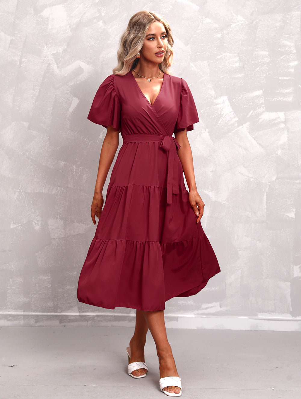 Women's Summer Solid Color V-Neck Short Sleeve Dress