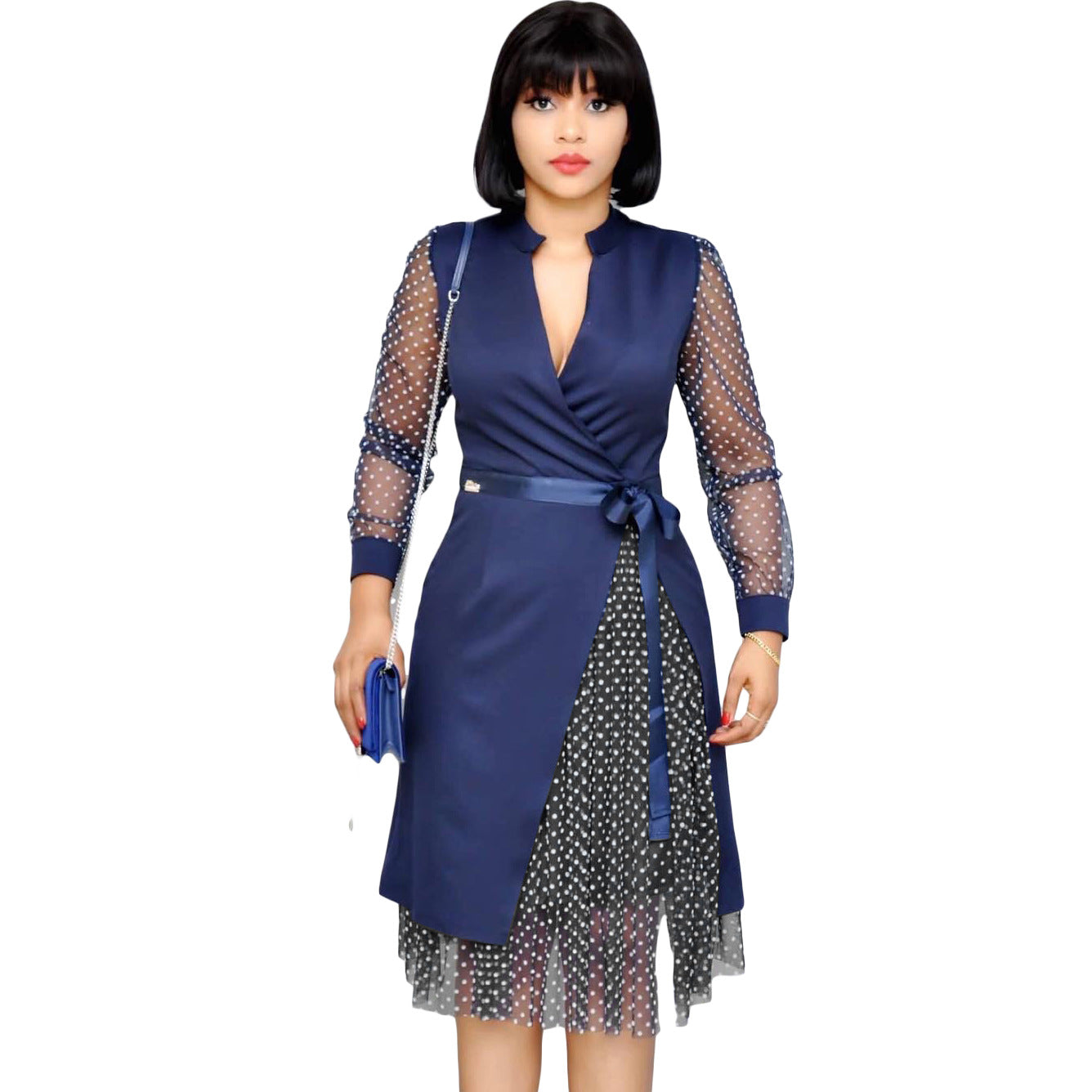 Fashion Dot Print Plus Sizes Women Dresses-Dresses-Navy Blue-S-Free Shipping at meselling99