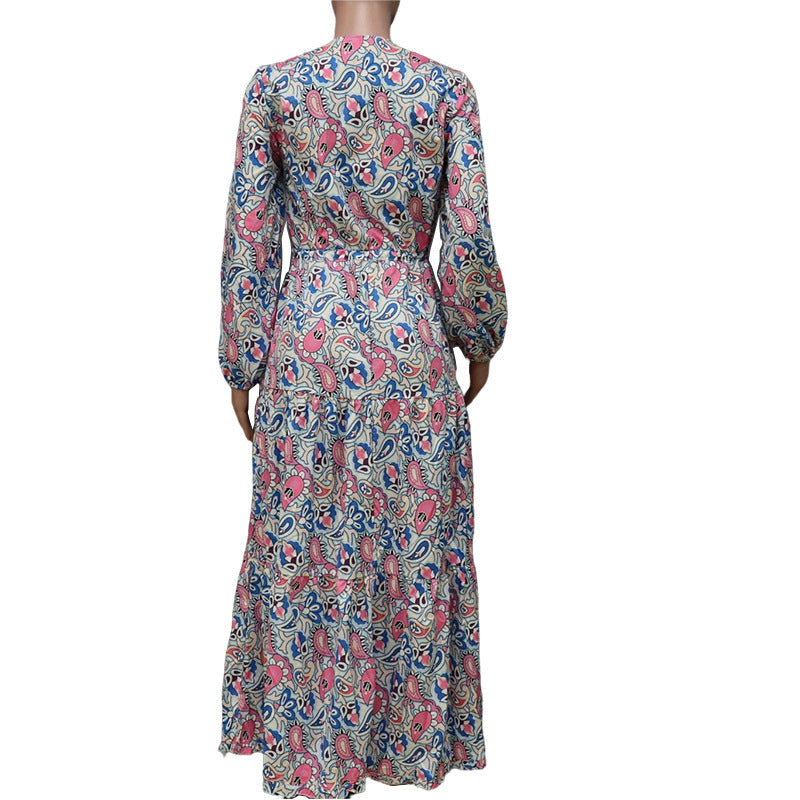 Bohemian V-Neck Long Sleeve Midi Dress – Fall Fashion Dress