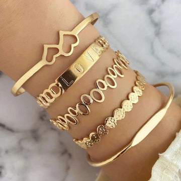 5-Piece Bracelet Set – LOVE Letter Open Bangle & Double Heart Bracelet (Boho Chic Jewelry)